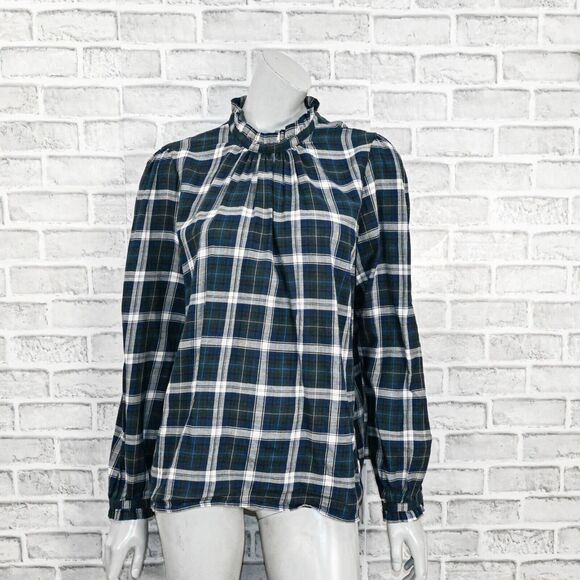 Trovata Birds of Paradis Mock Neck Blouse Green Plaid Cotton size Large - Picture 1 of 9